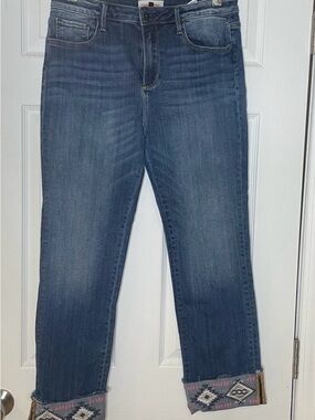DRIFTWOOD Straight Leg Cropped Jeans in Dark Blue with Embroidered Cuff